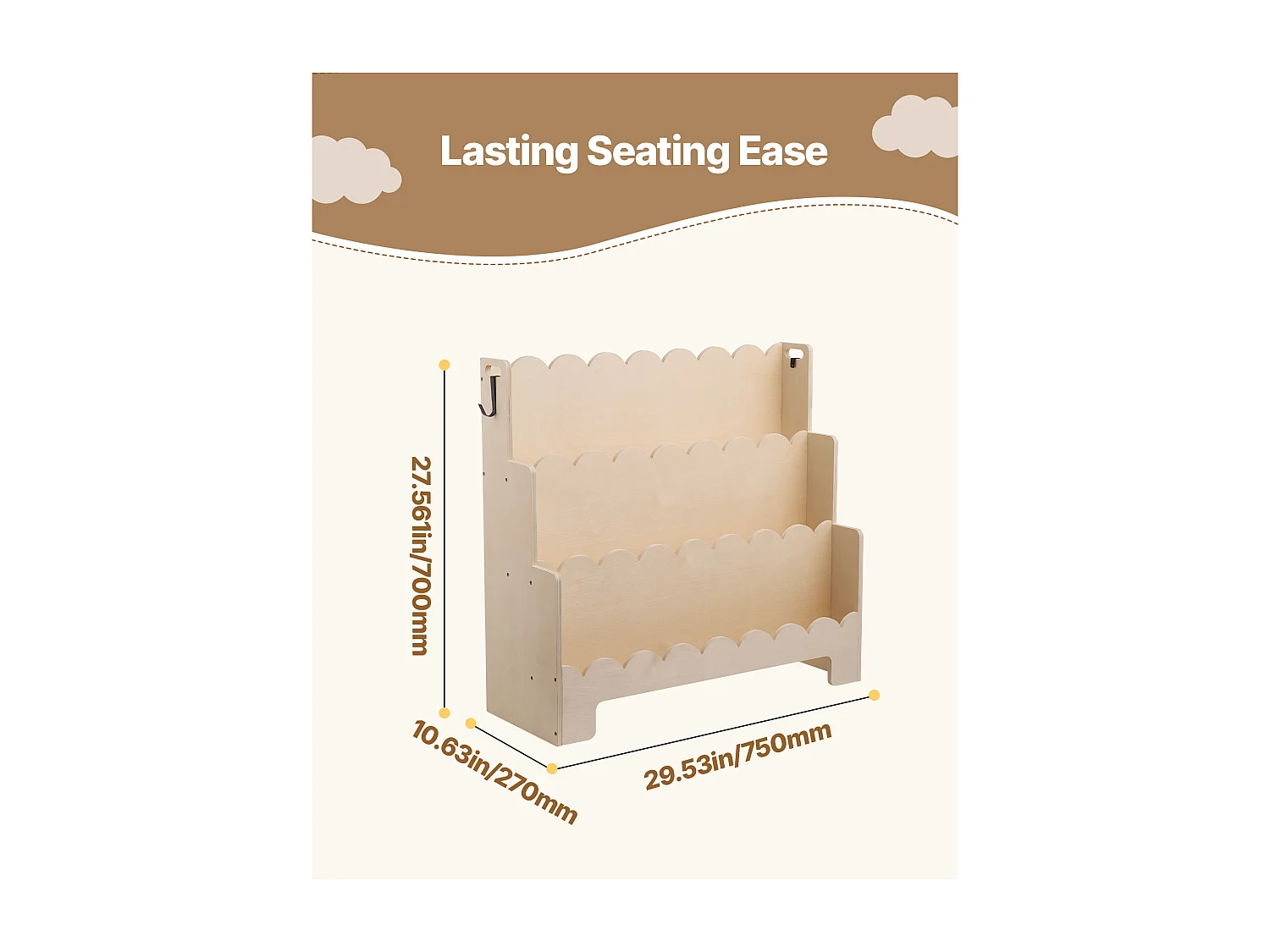 Estantería para Libros SucceBuy para Niños Pequeños Orientada hacia Adelante, Biblioteca Festoneada para Niños a 3 Niveles con 2 Ganchos para Colgar Mochilas