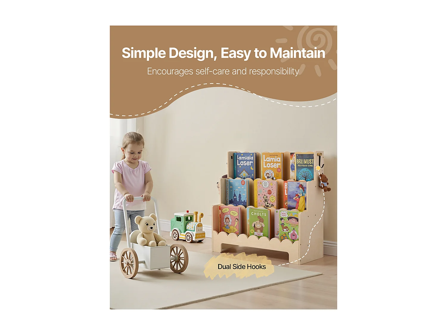 Estantería para Libros SucceBuy para Niños Pequeños Orientada hacia Adelante, Biblioteca Festoneada para Niños a 3 Niveles con 2 Ganchos para Colgar Mochilas