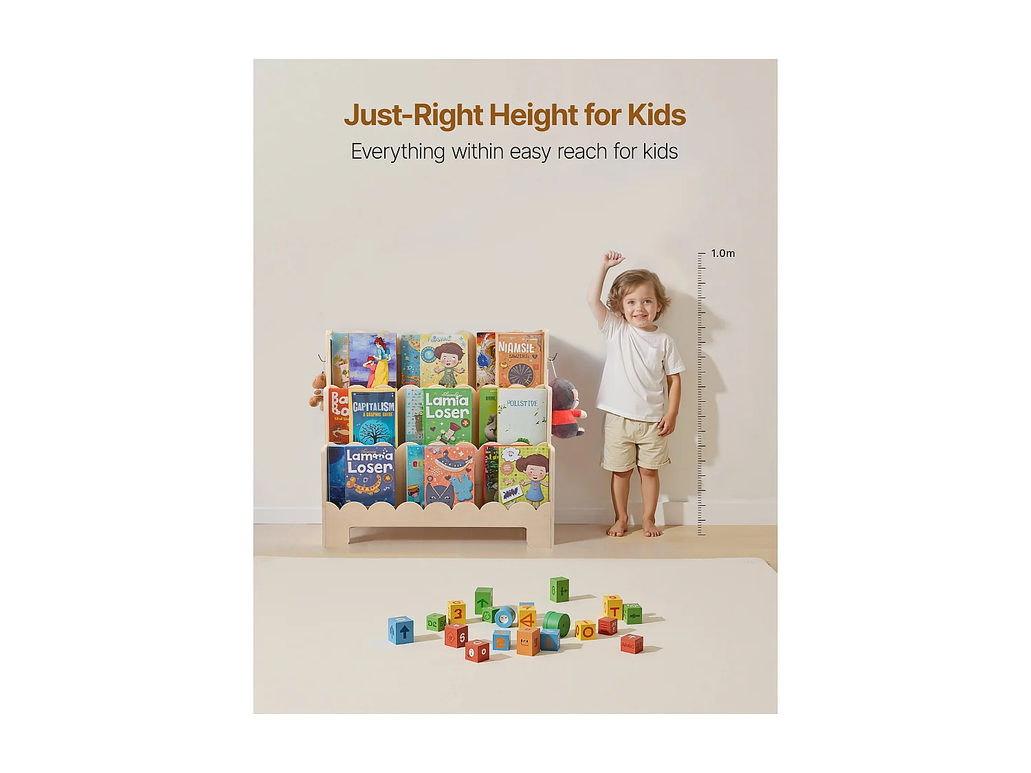 Estantería para Libros SucceBuy para Niños Pequeños Orientada hacia Adelante, Biblioteca Festoneada para Niños a 3 Niveles con 2 Ganchos para Colgar Mochilas