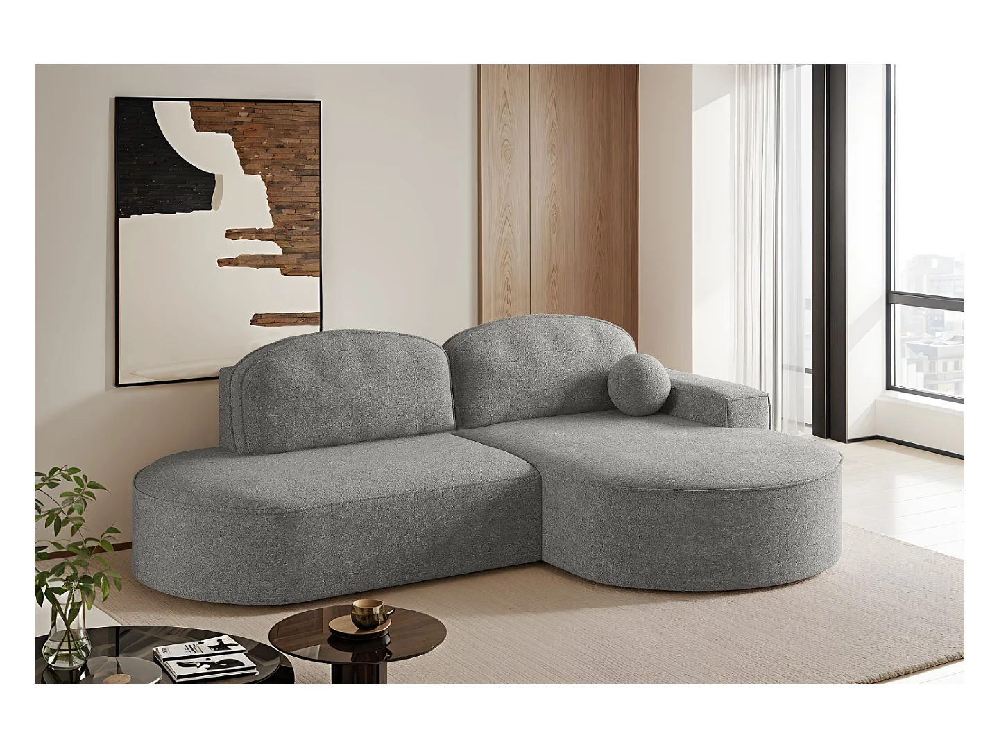 Canapé d'angle avec fonction couchage et coffre de lit Modena Round tissu Arena Grey Right