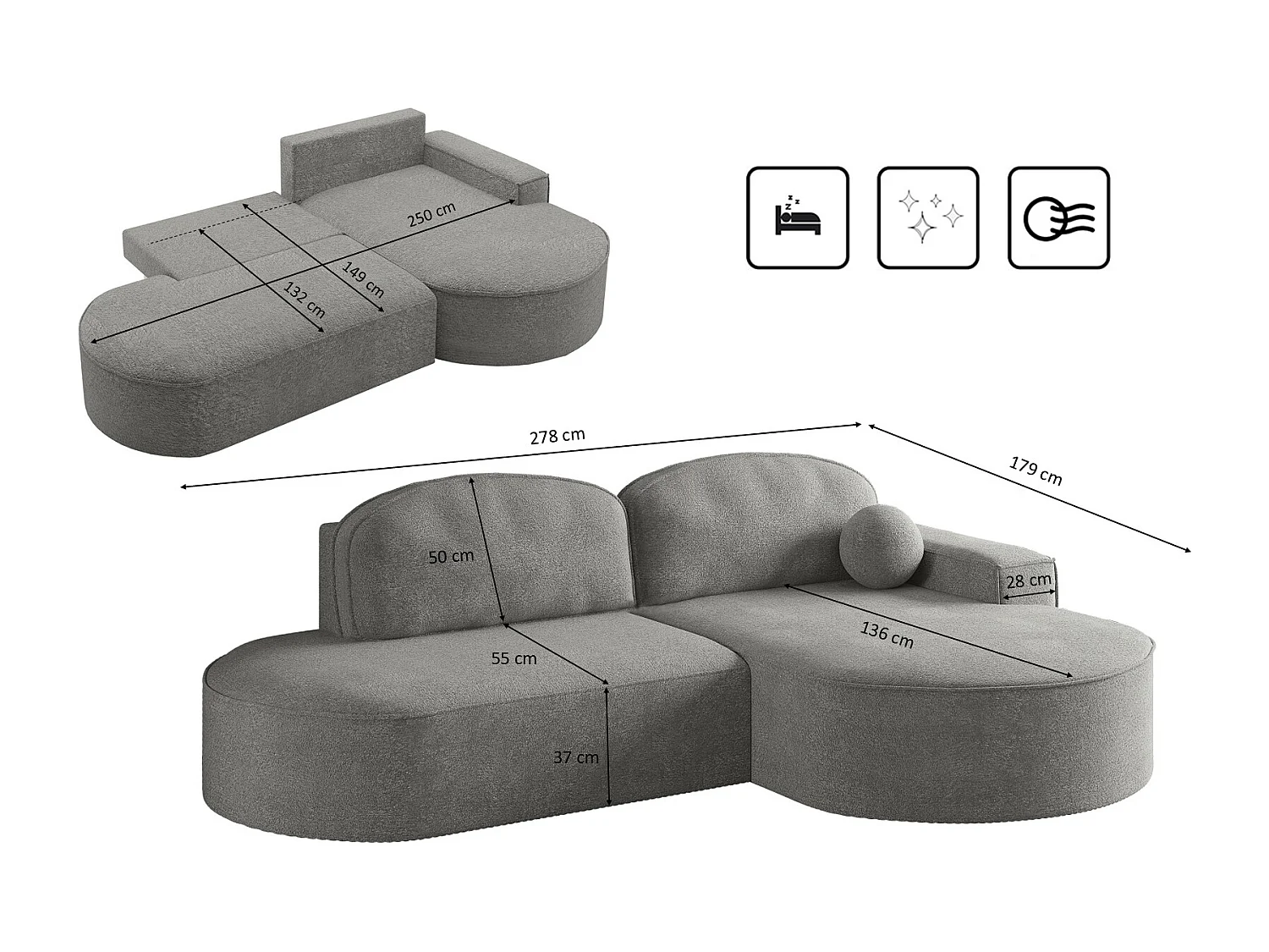 Hoekbank met slaapfunctie en bedstee Modena Rond stof Arena Grijs Rechts