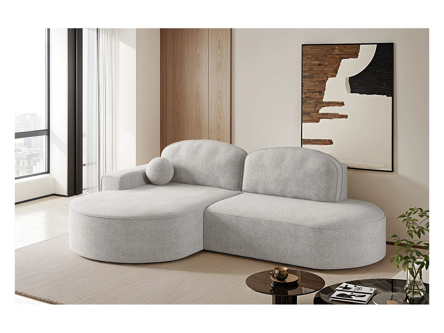 Canapé d'angle avec fonction couchage et coffre de lit Modena Round tissu Arena Gris Clair Gauche