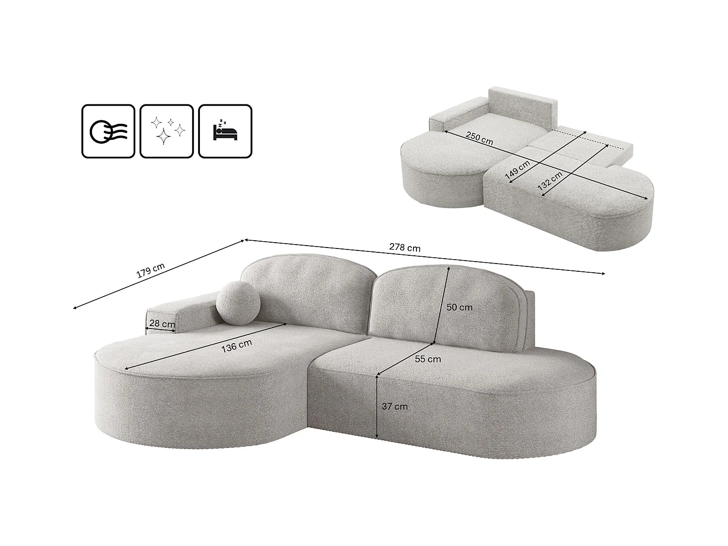 Canapé d'angle avec fonction couchage et coffre de lit Modena Round tissu Arena Gris Clair Gauche