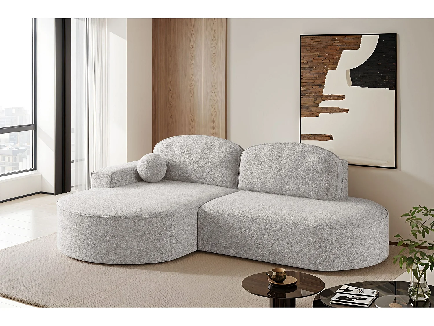 Divano angolare con funzione letto e contenitore Modena Round tessuto Arena Grigio Chiaro Sinistro