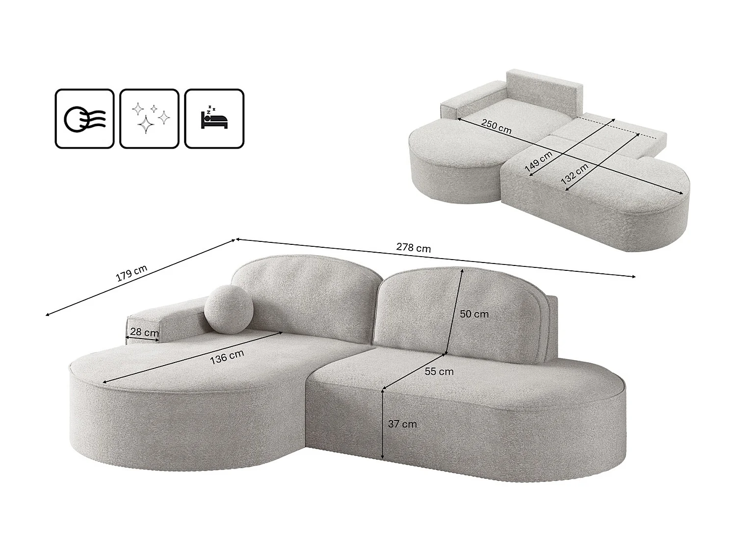 Divano angolare con funzione letto e contenitore Modena Round tessuto Arena Grigio Chiaro Sinistro