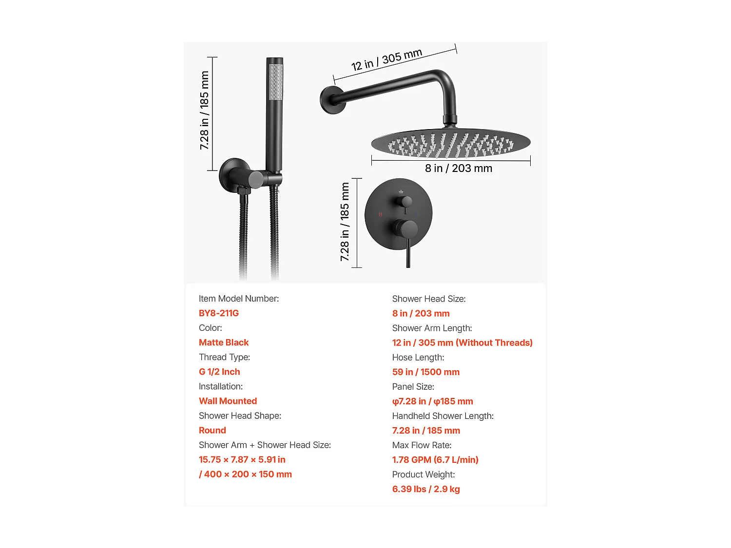 Douchekolom SucceBuy Doucheset, Douchesysteem met Ronde Douchekop van 203 mm, Handdouche en Afwerkset, Wandgemonteerd, Matzwarte Afwerking