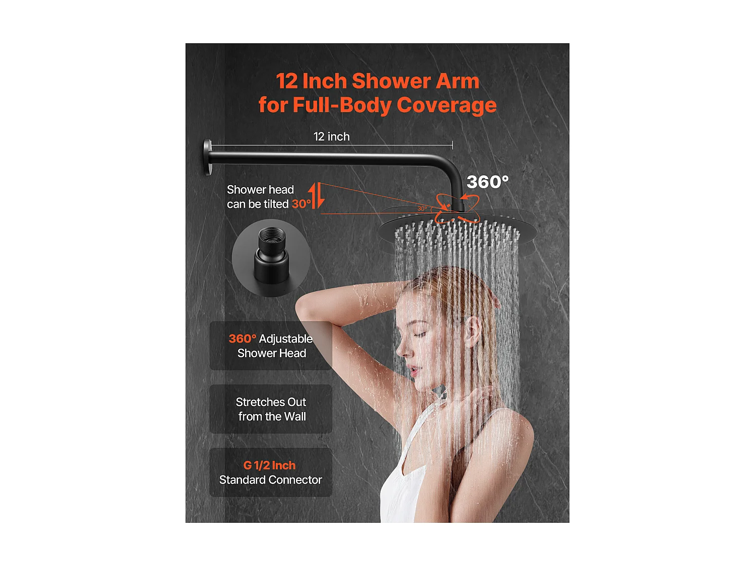 Douchekolom SucceBuy Doucheset, Douchesysteem met Ronde Douchekop van 203 mm, Handdouche en Afwerkset, Wandgemonteerd, Matzwarte Afwerking