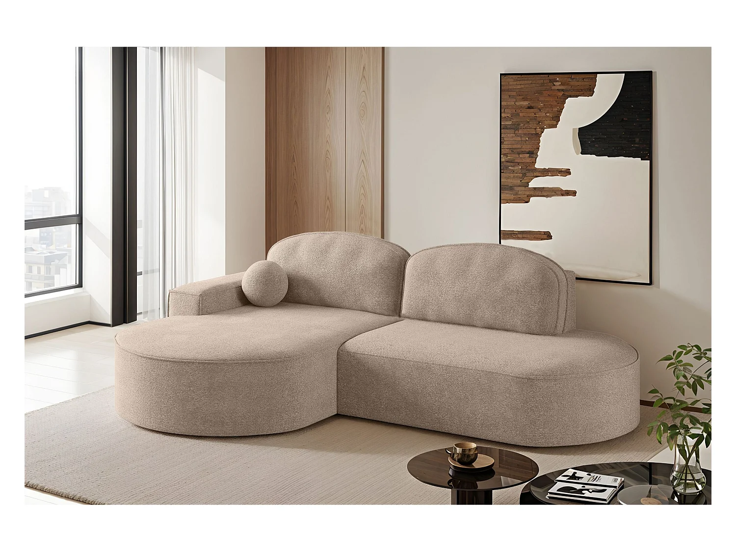 Canapé d'angle avec fonction couchage et coffre de lit Modena Round tissu Arena Beige Foncé Gauche