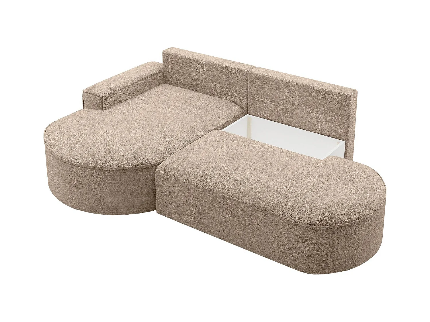 Canapé d'angle avec fonction couchage et coffre de lit Modena Round tissu Arena Beige Foncé Gauche
