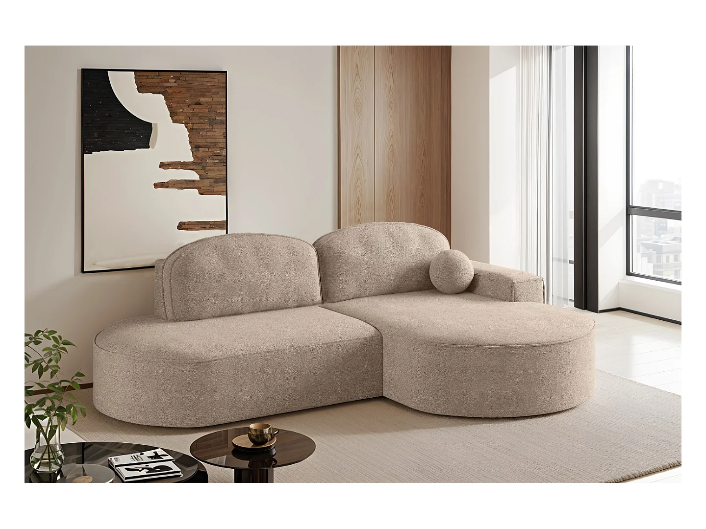 Canapé d'angle avec fonction couchage et coffre de lit Modena Round tissu Arena Beige Foncé Droite