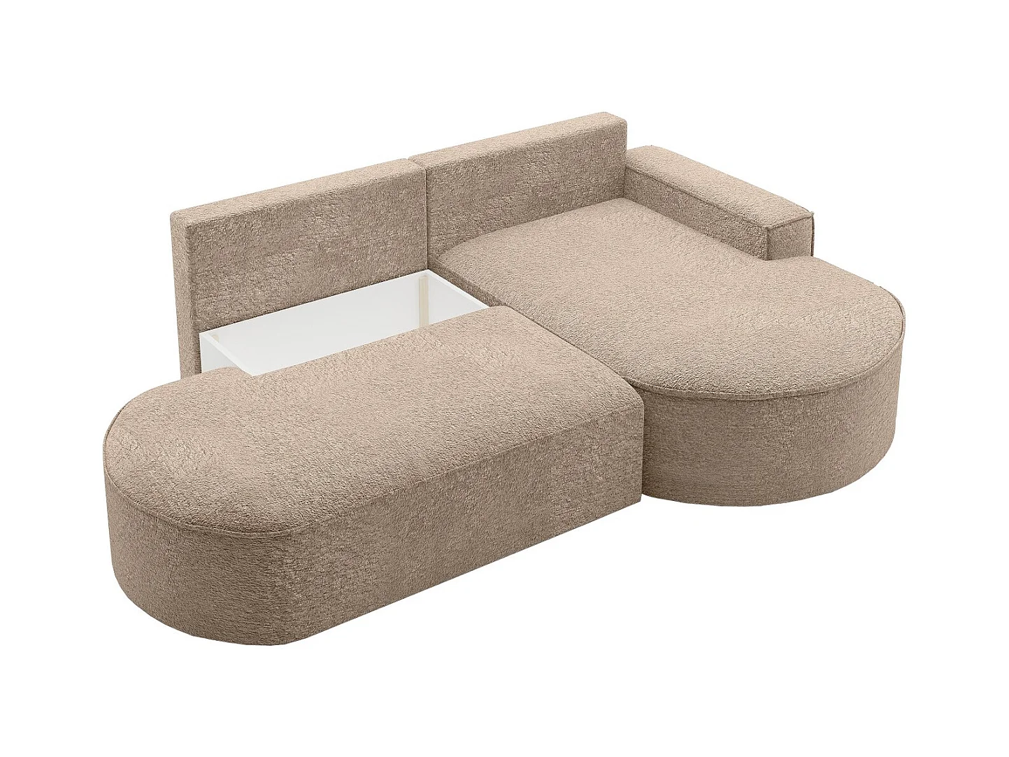 Canapé d'angle avec fonction couchage et coffre de lit Modena Round tissu Arena Beige Foncé Droite