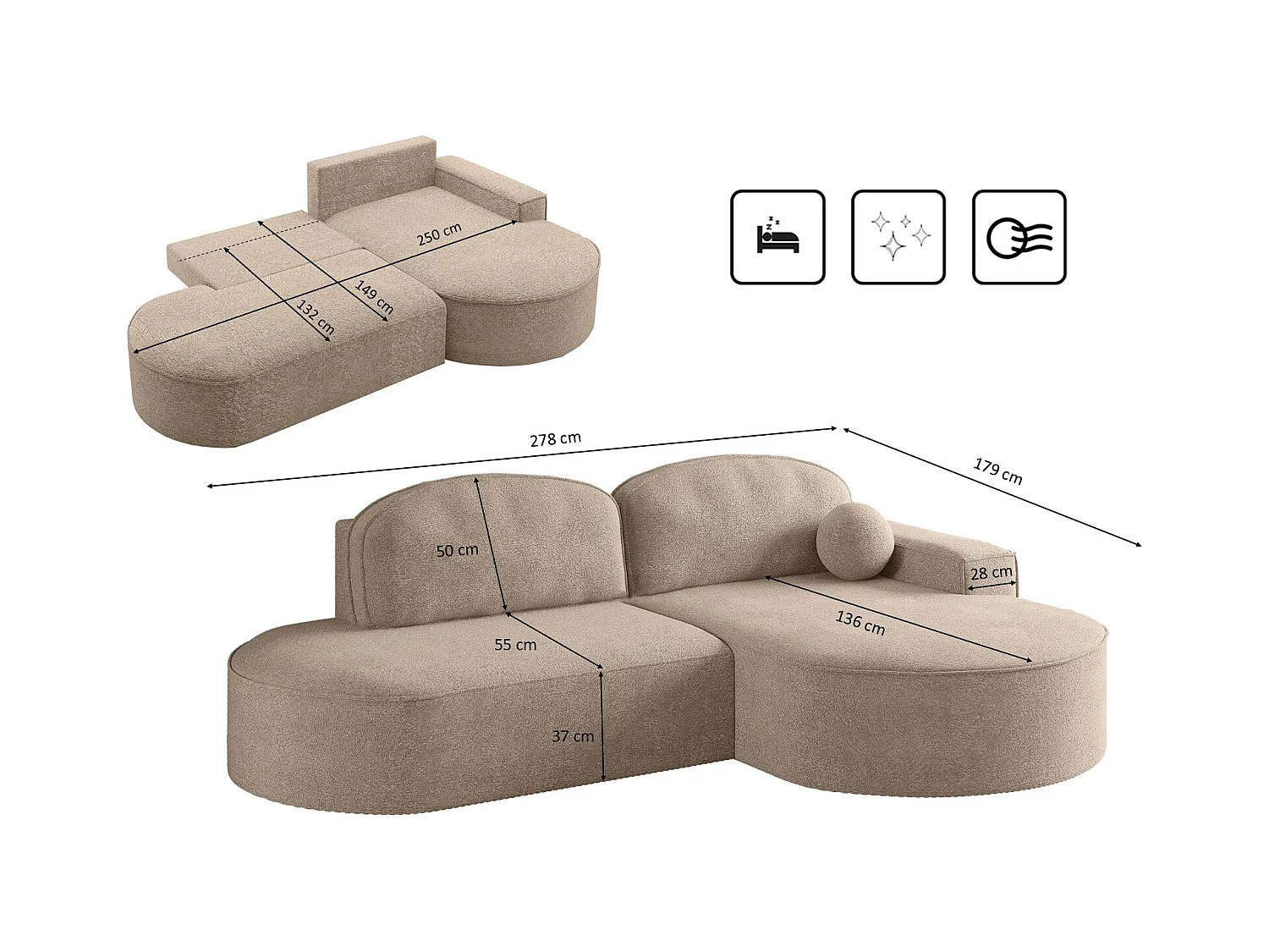 Canapé d'angle avec fonction couchage et coffre de lit Modena Round tissu Arena Beige Foncé Droite