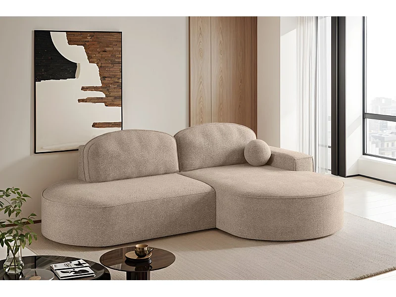 Canapé d'angle avec fonction couchage et coffre de lit Modena Round tissu Arena Beige Foncé Droite