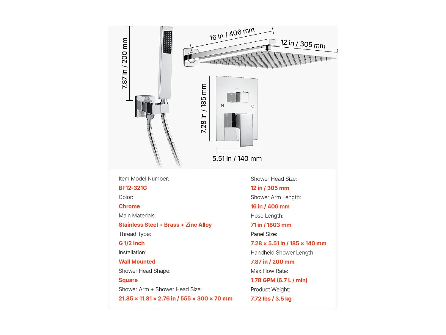 Douchekolom SucceBuy Doucheset, Douchesysteem met Vierkante Douchekop van 305 mm, Handdouche en Wandmontageset, Zilverkleurig