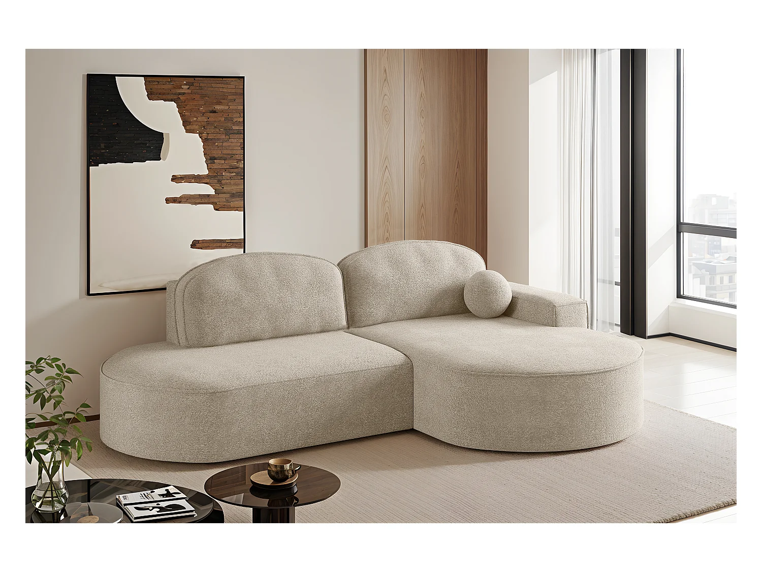 Canapé d'angle avec fonction couchage et coffre de lit Modena Round tissu Arena Beige Droite