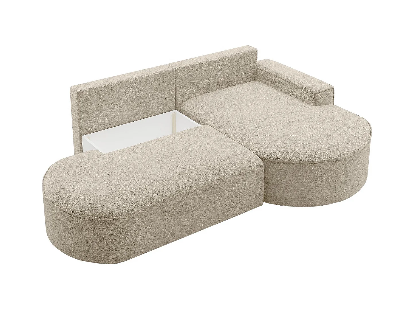 Canapé d'angle avec fonction couchage et coffre de lit Modena Round tissu Arena Beige Droite