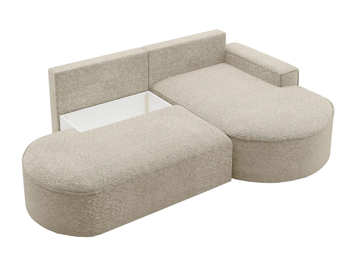 Canapé d'angle avec fonction couchage et coffre de lit Modena Round tissu Arena Beige Droite