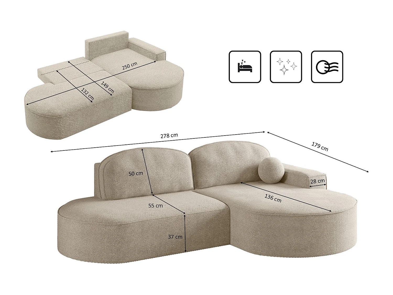 Canapé d'angle avec fonction couchage et coffre de lit Modena Round tissu Arena Beige Droite