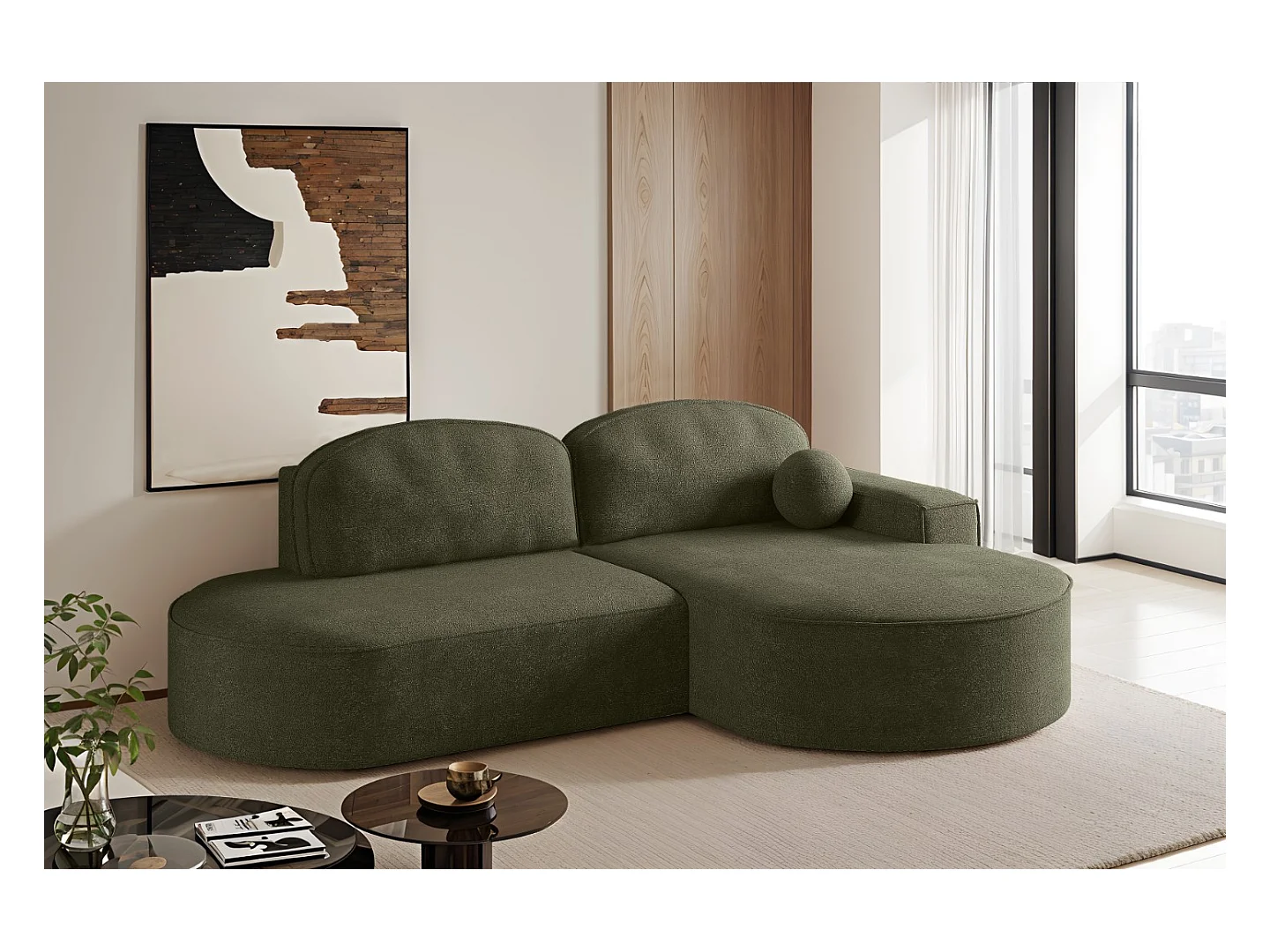Canapé d'angle avec fonction couchage et coffre de lit Modena Round tissu Arena Green Right