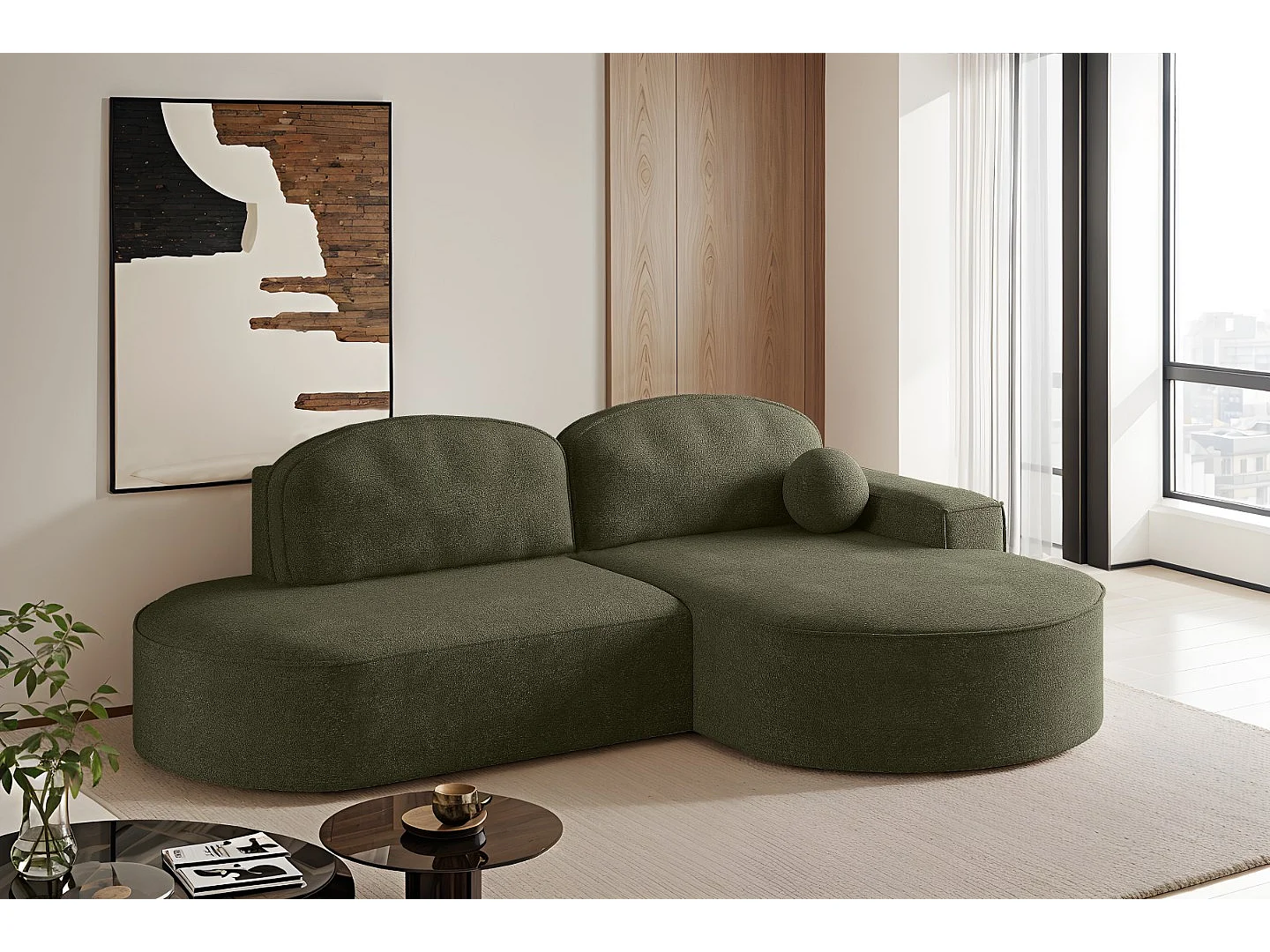 Canapé d'angle avec fonction couchage et coffre de lit Modena Round tissu Arena Green Right