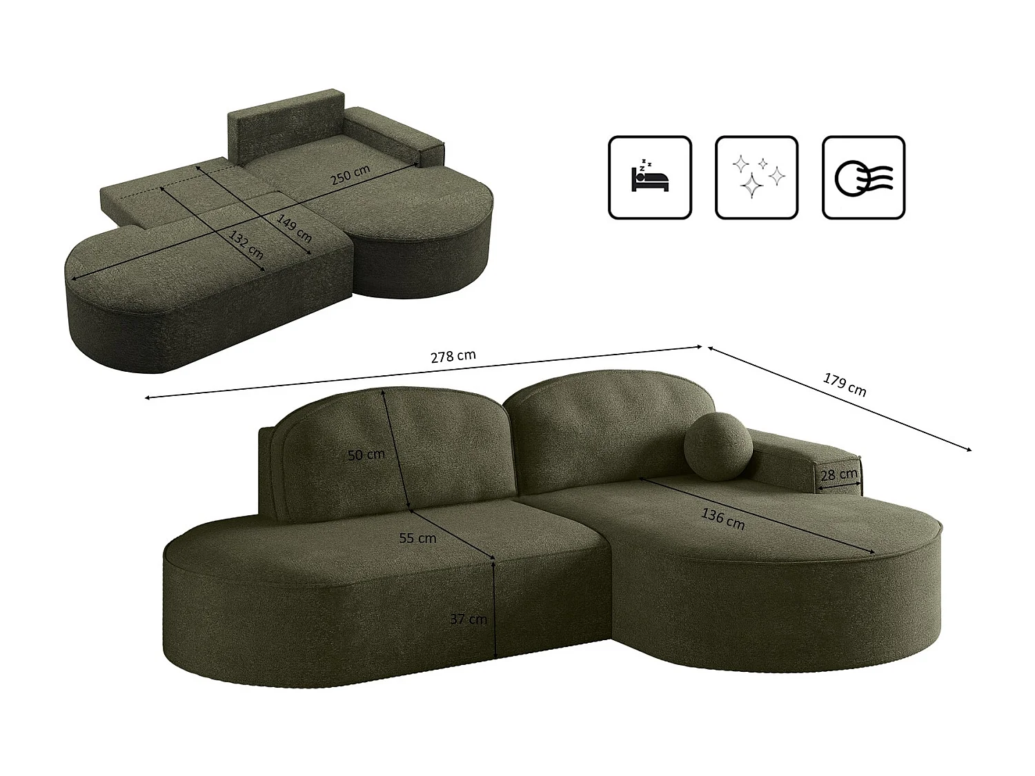 Canapé d'angle avec fonction couchage et coffre de lit Modena Round tissu Arena Green Right