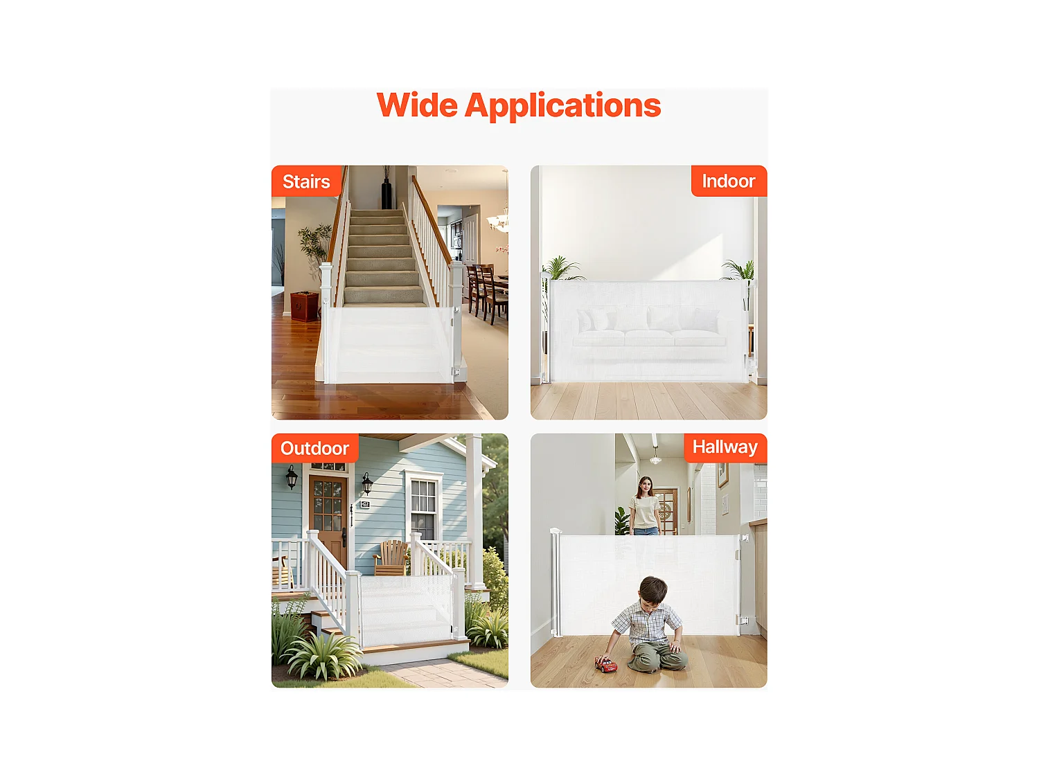 Sicherheitsbarriere SucceBuy Erweiterbar, Zaun aus Mesh 185 cm Breit und 79,5 cm Hoch, Barriere Retraktil für Haustiere, Ideal für Hunde und Katzen