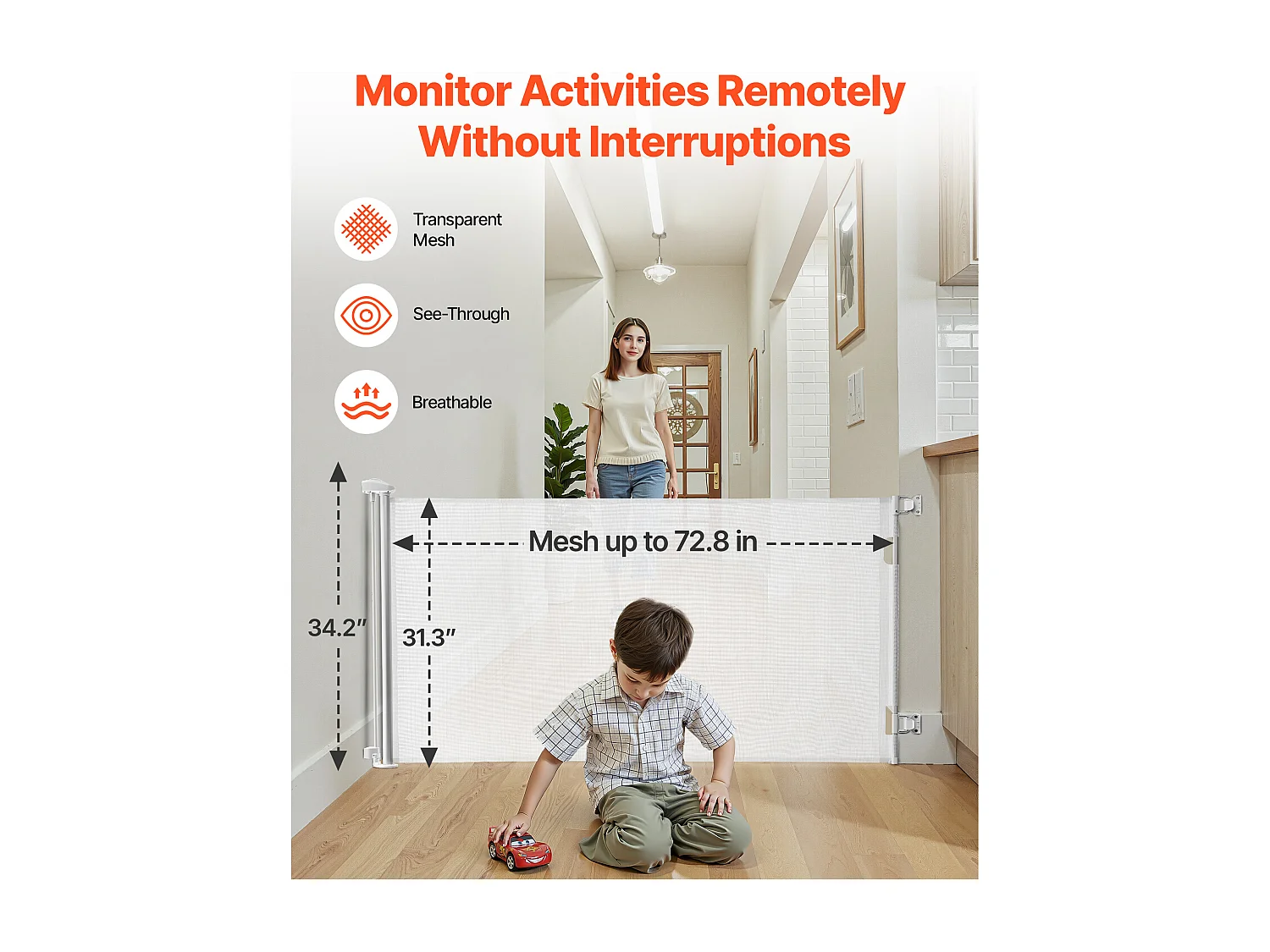 Barrière de Sécurité SucceBuy Extensible, Clôture en Maille 185 cm de Large et 79,5 cm de Haut, Barrière Rétractable pour Animaux de Compagnie