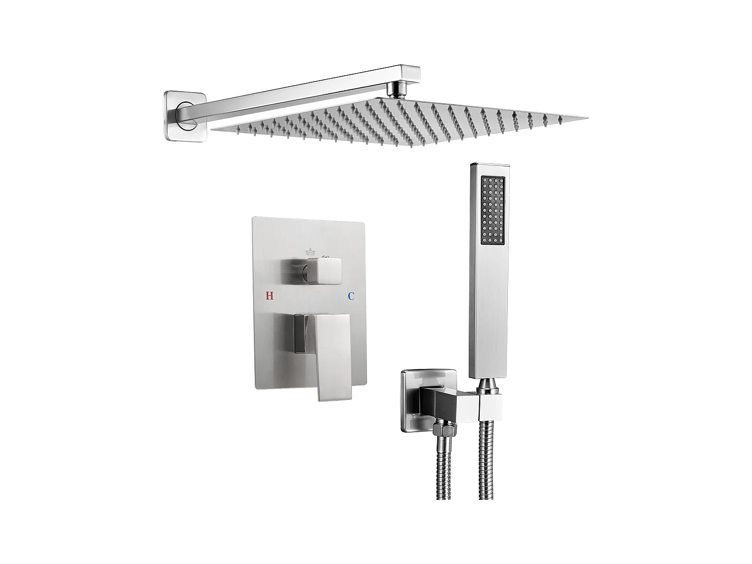Colonne de Douche SucceBuy Kit de Douche avec Pommeau de Tête Carré 305 mm, Douchette à Main et Kit de Garniture, Montage Mural, Finition Nickel Brossé