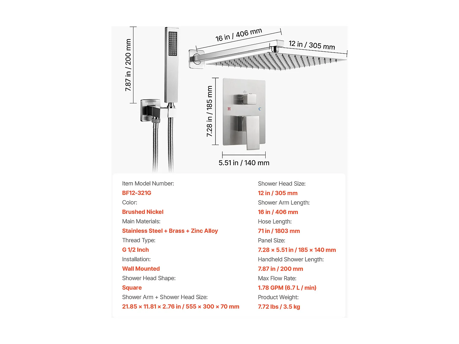 Colonne de Douche SucceBuy Kit de Douche avec Pommeau de Tête Carré 305 mm, Douchette à Main et Kit de Garniture, Montage Mural, Finition Nickel Brossé