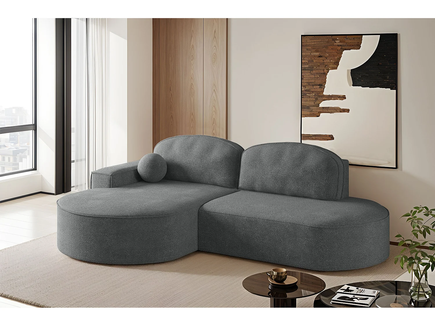 Canapé d'angle avec fonction couchage et coffre de lit Modena Round tissu Arena Anthracite Gauche