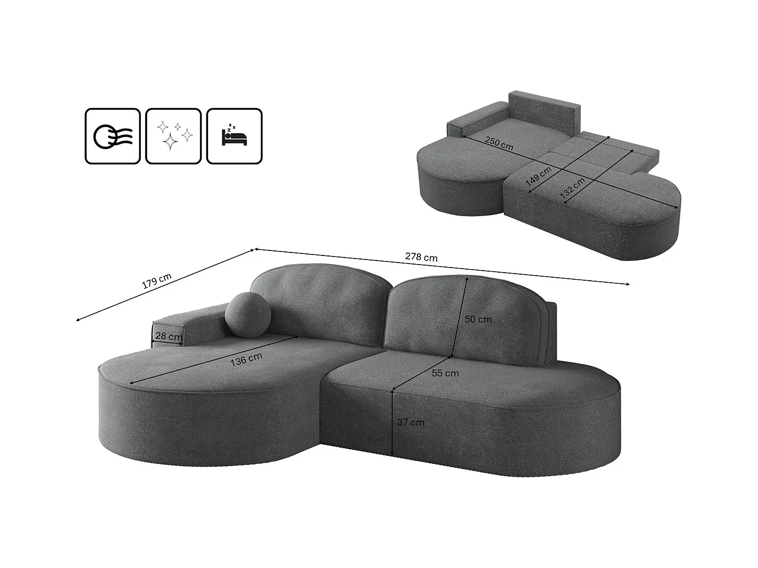 Canapé d'angle avec fonction couchage et coffre de lit Modena Round tissu Arena Anthracite Gauche