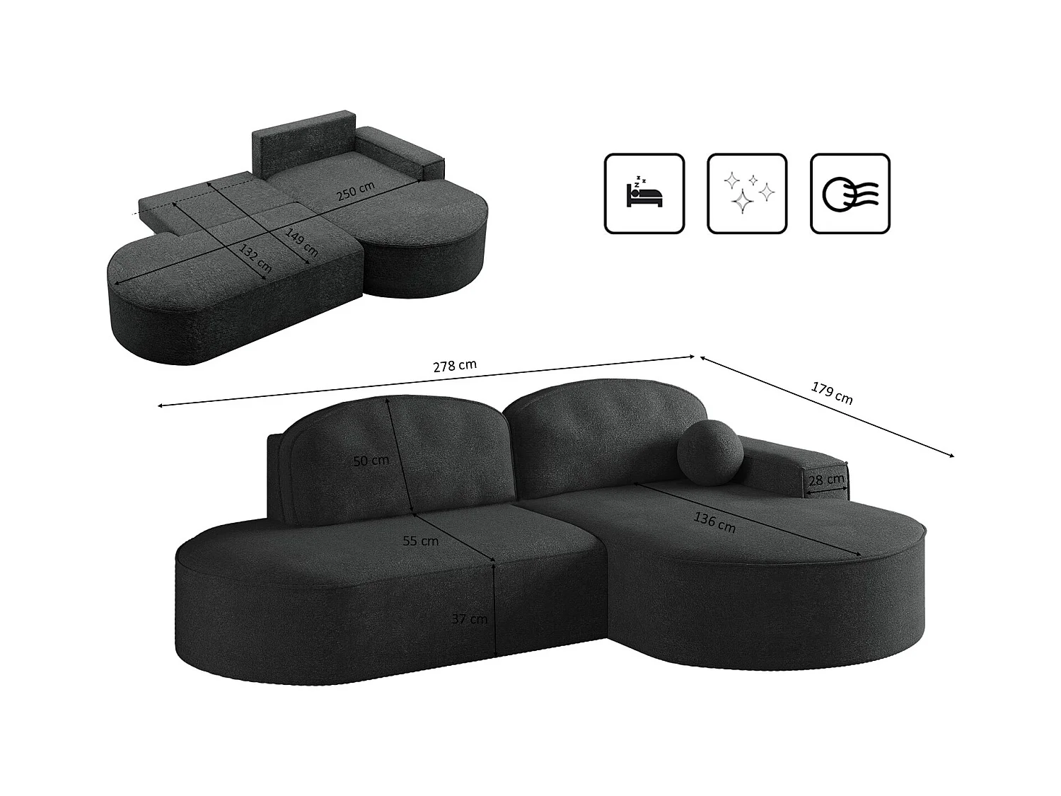 Canapé d'angle avec fonction couchage et coffre de lit Modena Round tissu Arena Graphite Droite