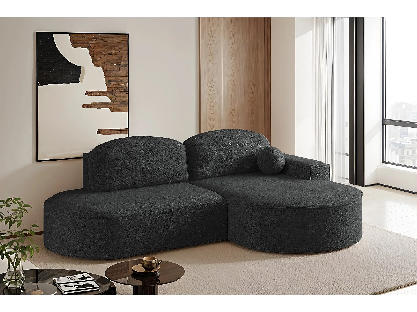 Canapé d'angle avec fonction couchage et coffre de lit Modena Round tissu Arena Graphite Droite