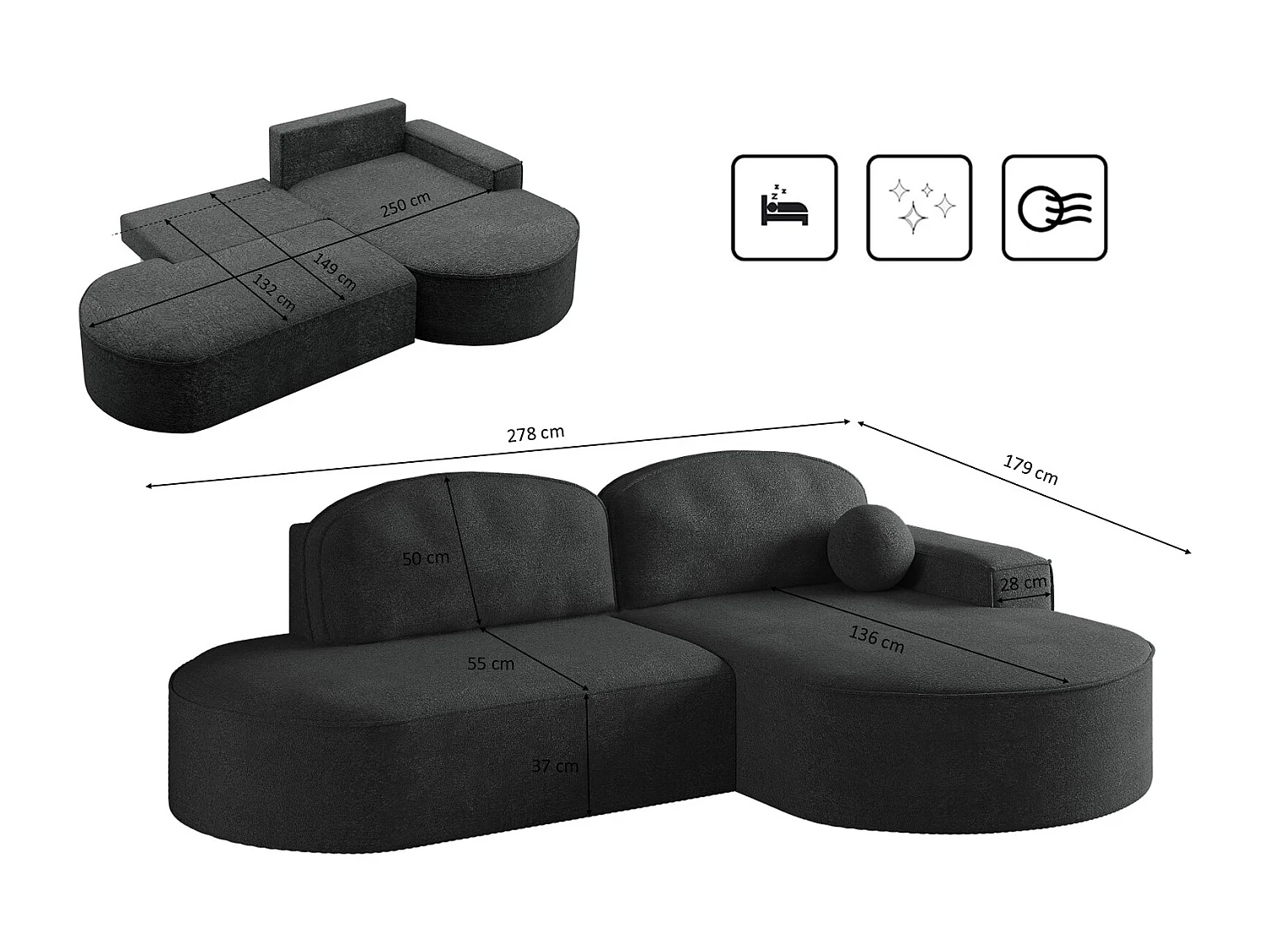 Canapé d'angle avec fonction couchage et coffre de lit Modena Round tissu Arena Graphite Droite