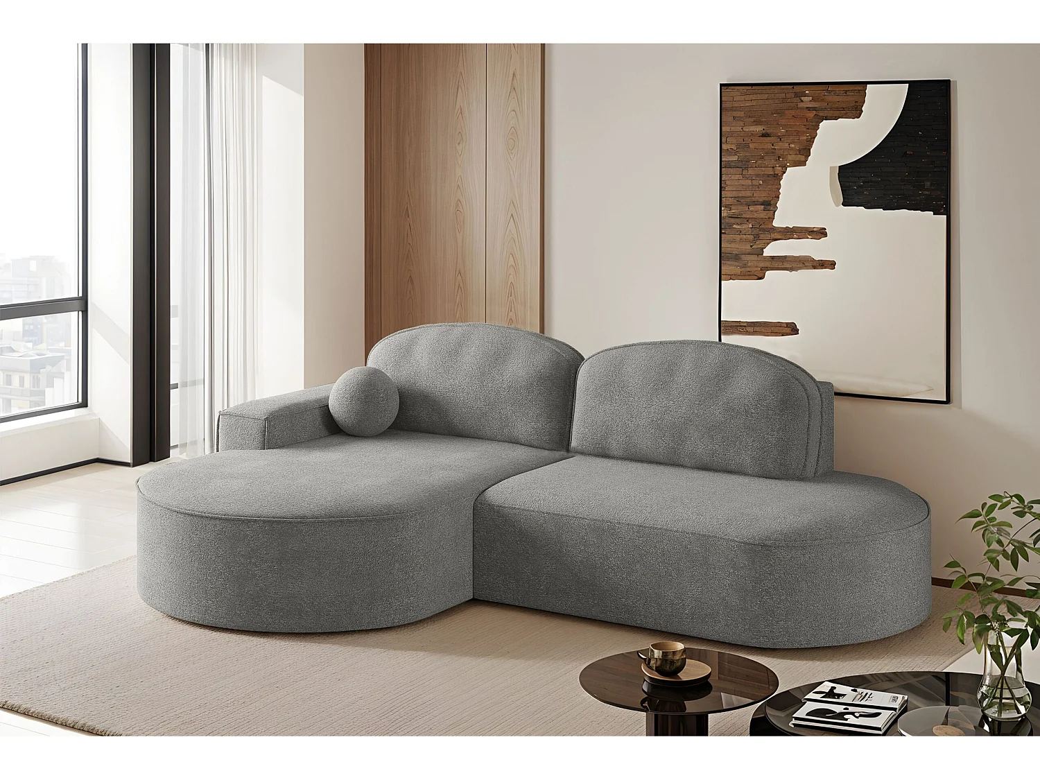 Canapé d'angle avec fonction couchage et coffre de lit Modena Round tissu Arena Gris Gauche