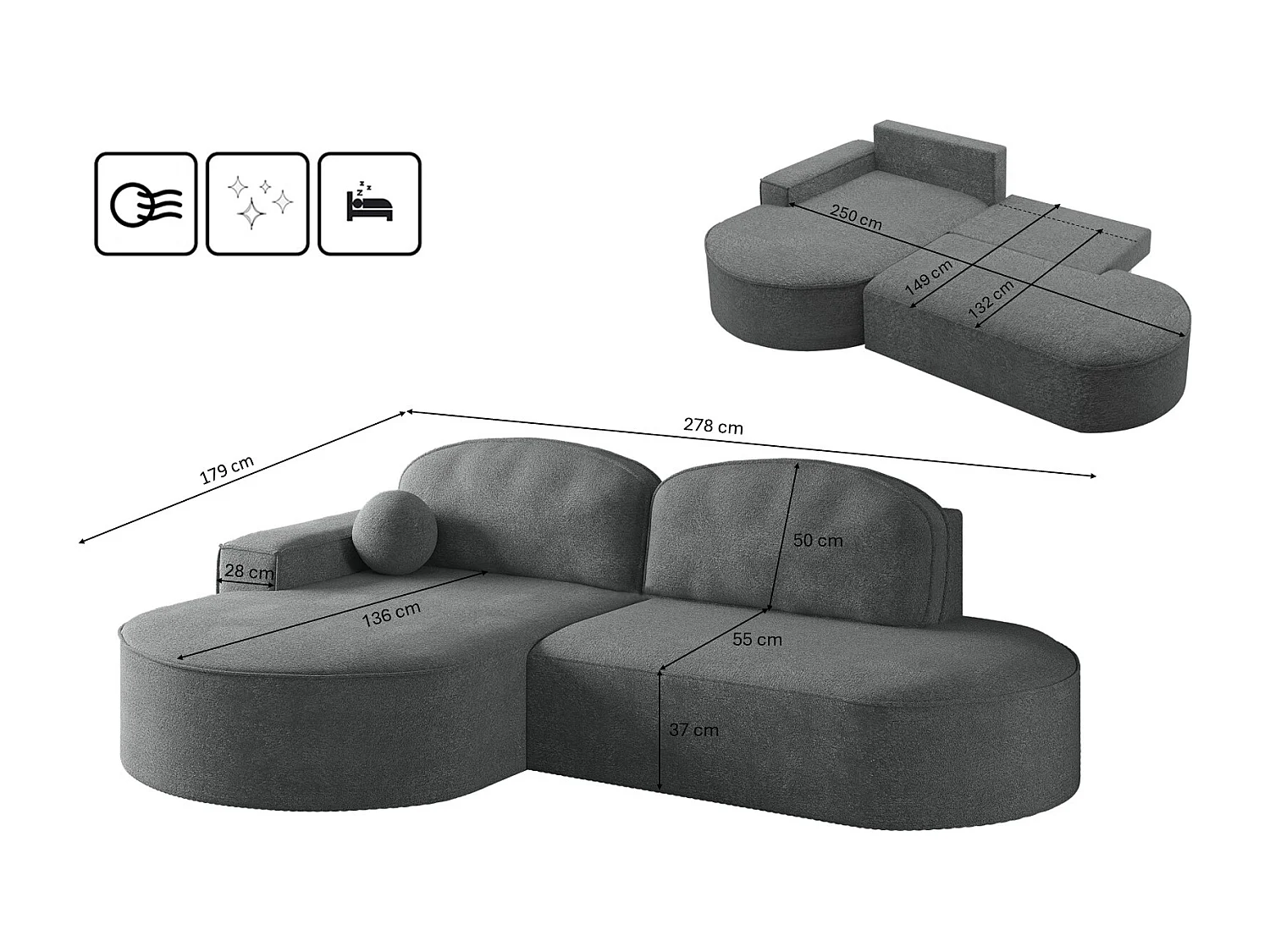 Hoekbank met slaapfunctie en bedstee Modena Rond stof Arena Grijs Links
