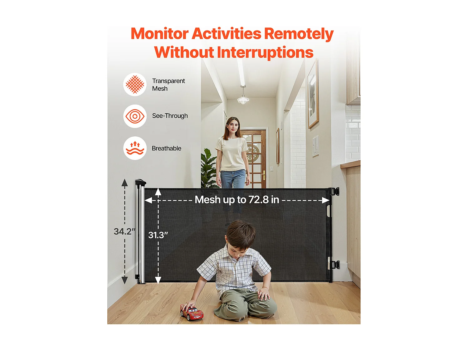 Barrière de Sécurité SucceBuy Extensible, Clôture en Maille 185 cm de Large et 79,5 cm de Haut, Barrière Rétractable pour Animaux de Compagnie