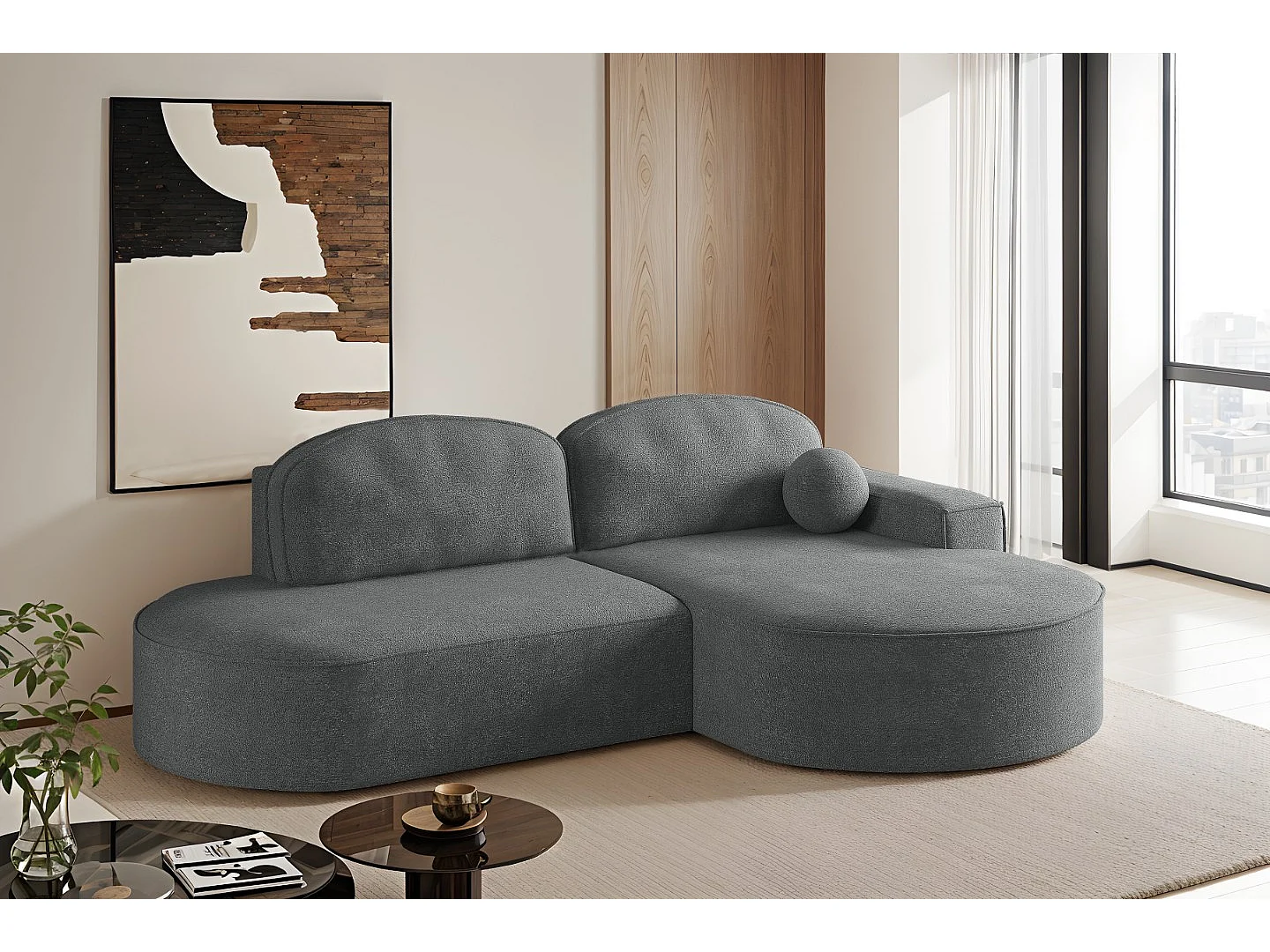 Canapé d'angle avec fonction couchage et coffre de lit Modena Round tissu Arena Anthracite Droite