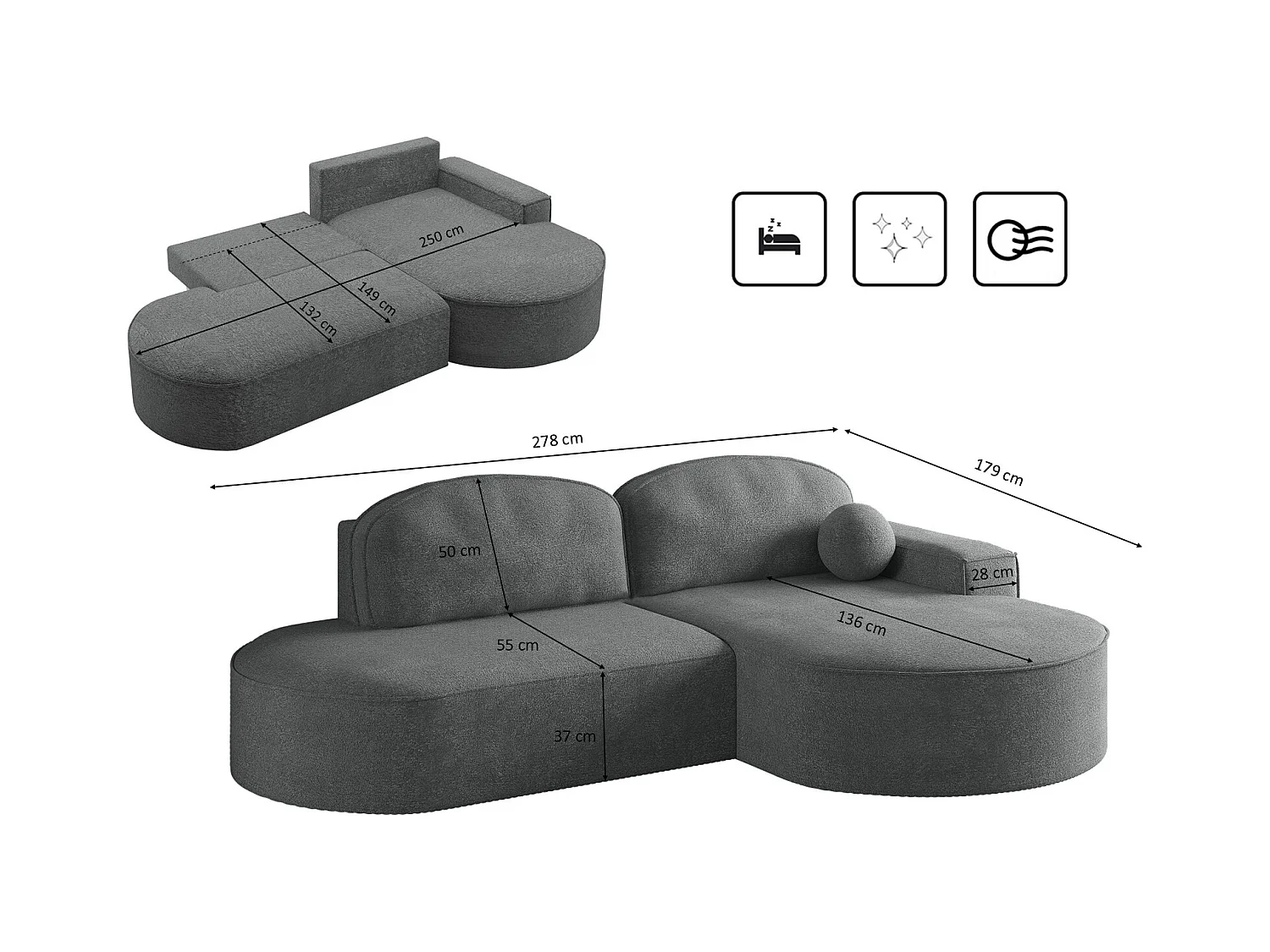 Canapé d'angle avec fonction couchage et coffre de lit Modena Round tissu Arena Anthracite Droite