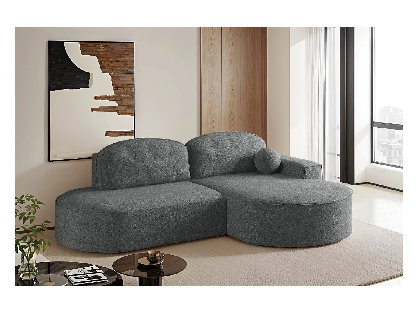 Ecksofa mit Schlaffunktion und Bettkasten Modena Runden stoff Arena Anthrazit Rechts