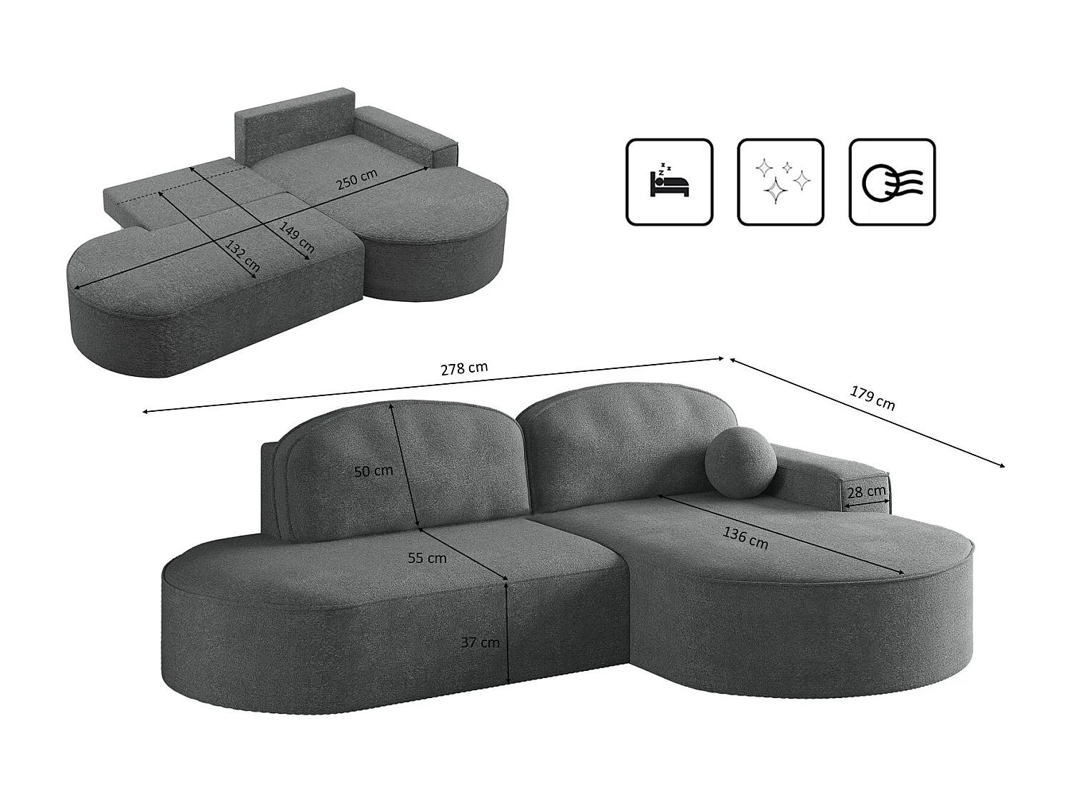 Hoekbank met slaapfunctie en bedstee Modena Rond stof Arena Antraciet Rechts