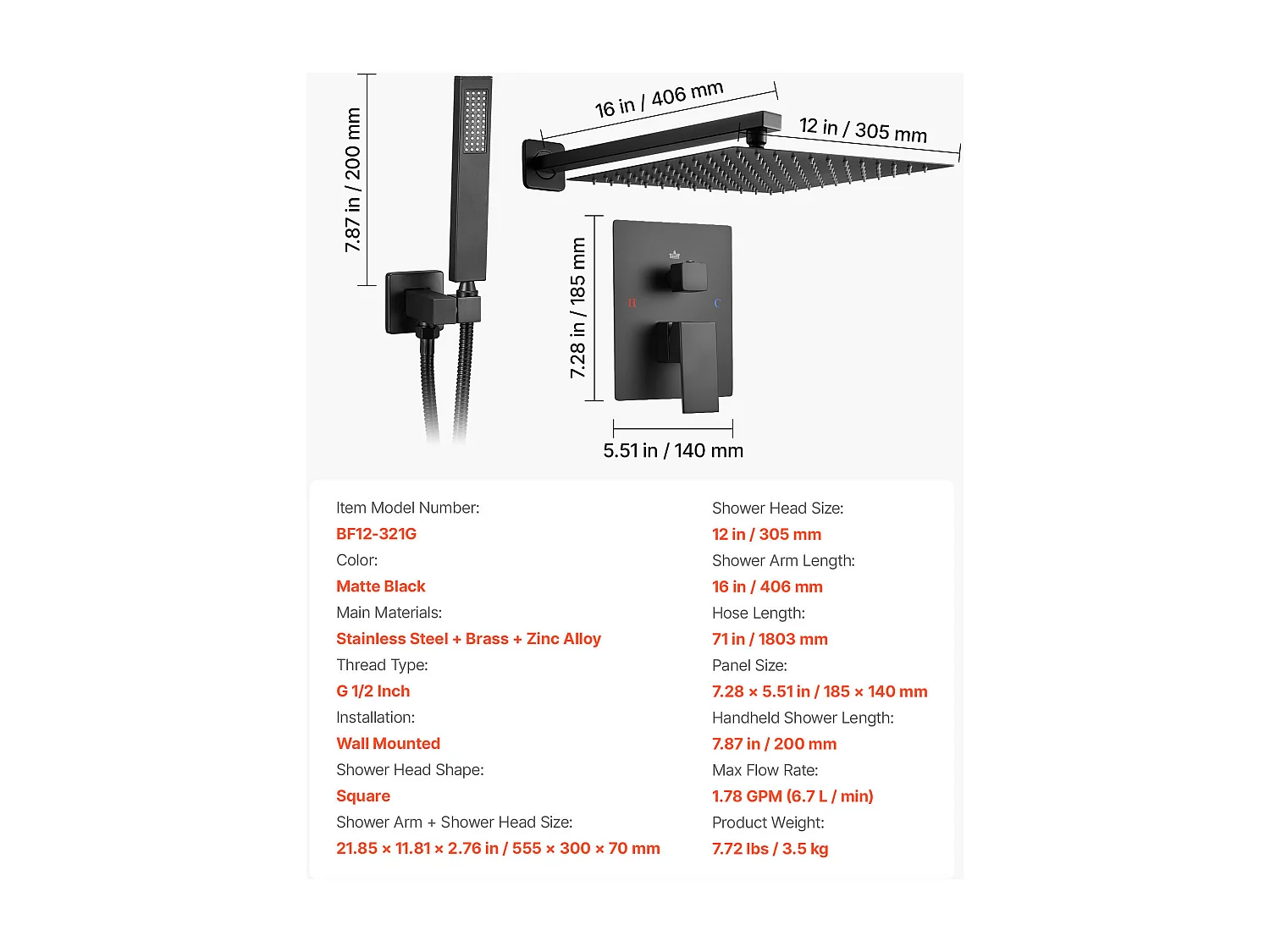 Duschsäule SucceBuy Duschset, Duschsystem mit 305 mm Quadratischem Duschkopf, Handbrause und Montageset, Wandmontage, Mattschwarz