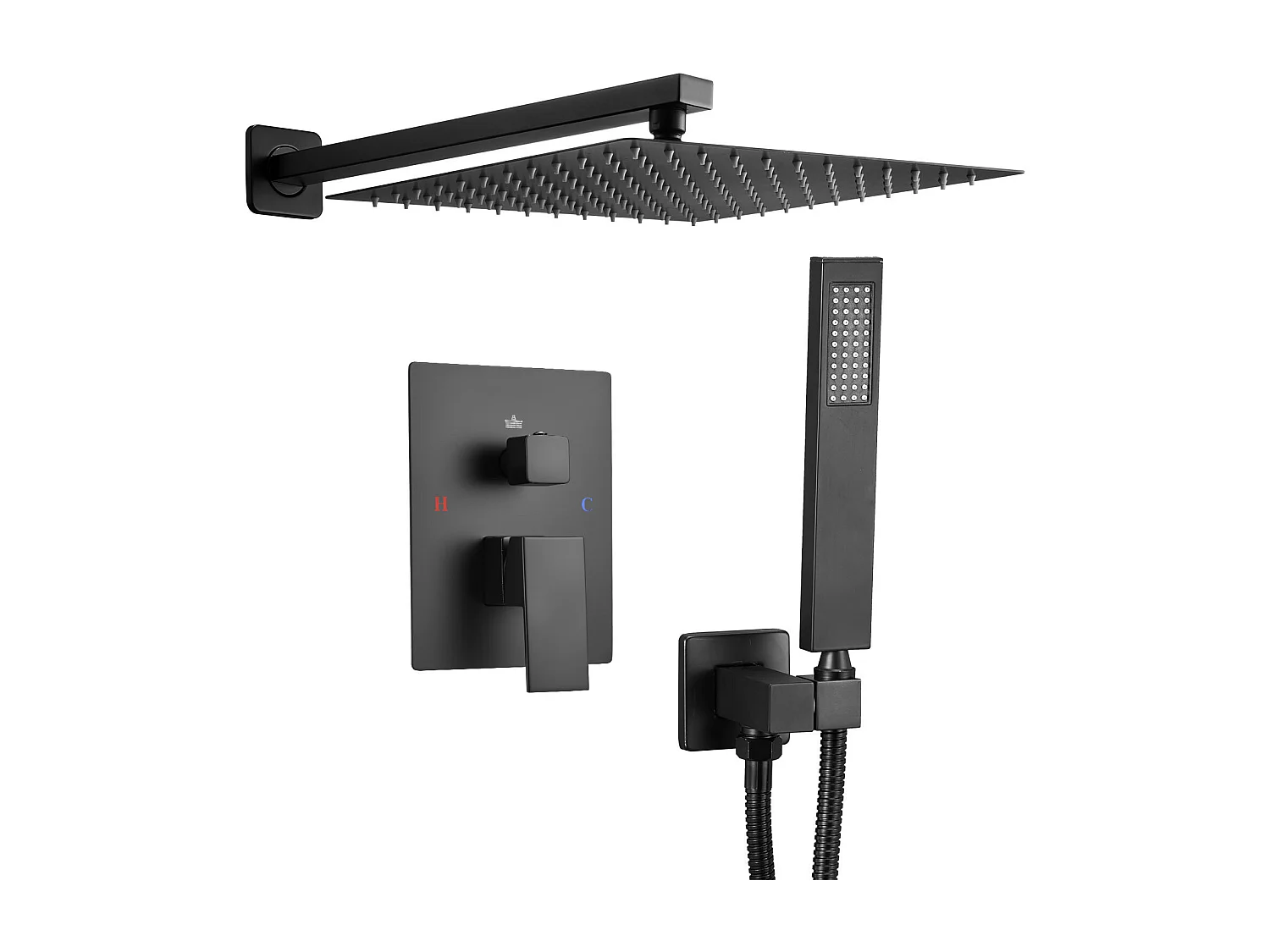 Duschsäule SucceBuy Duschset, Duschsystem mit 305 mm Quadratischem Duschkopf, Handbrause und Montageset, Wandmontage, Mattschwarz