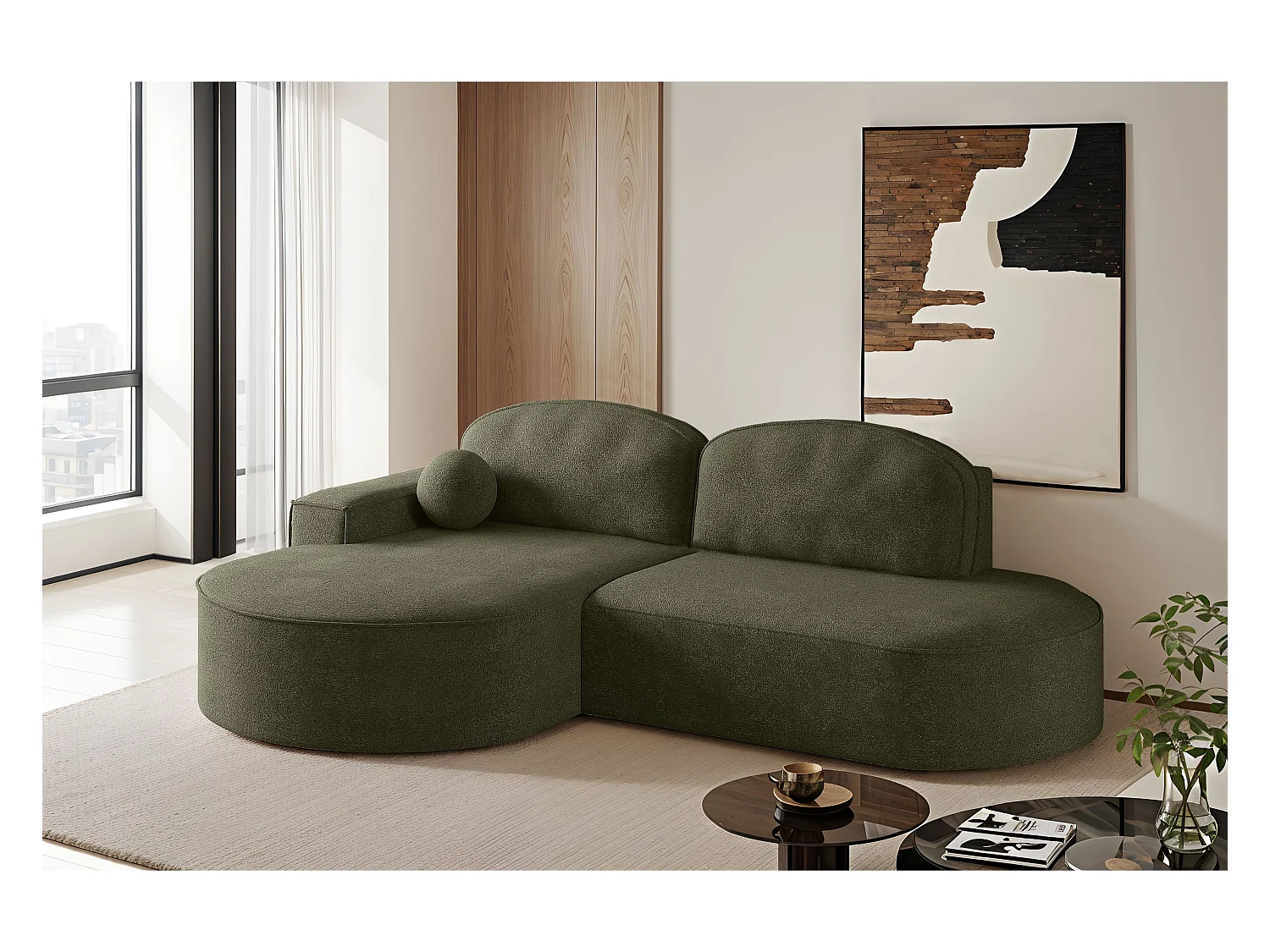 Ecksofa mit Schlaffunktion und Bettkasten Modena Runden stoff Arena Grün Links
