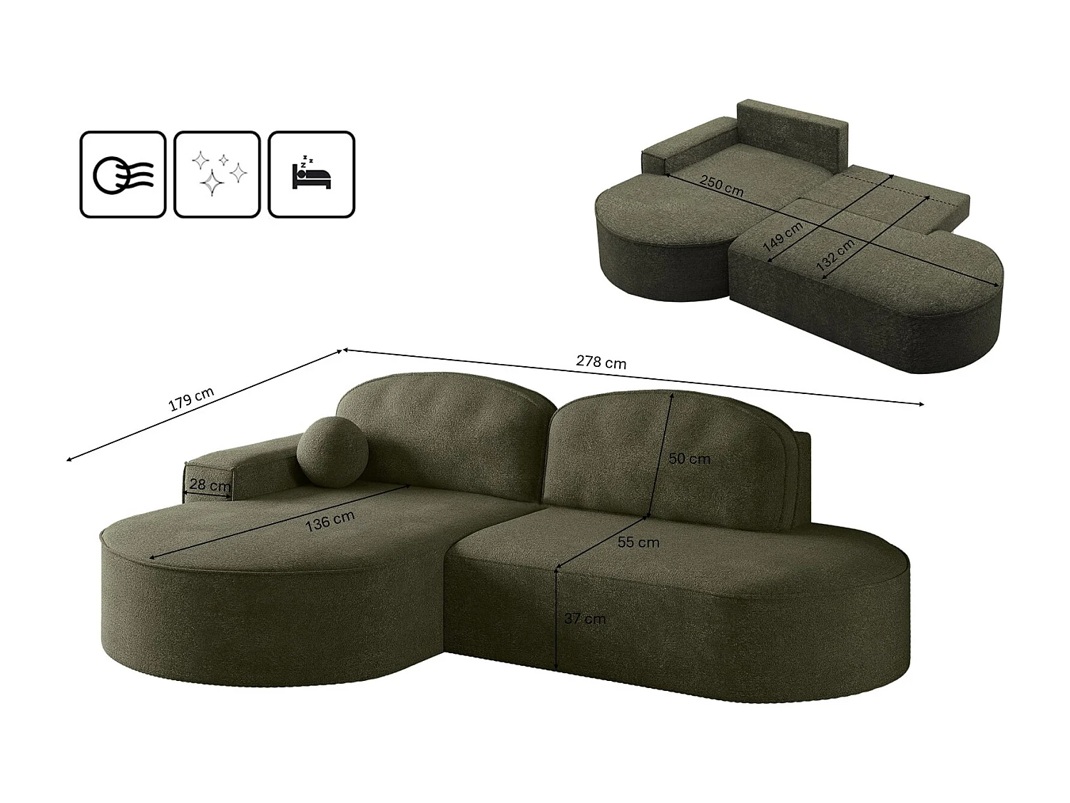 Hoekbank met slaapfunctie en bedstee Modena Rond stof Arena Groen Links