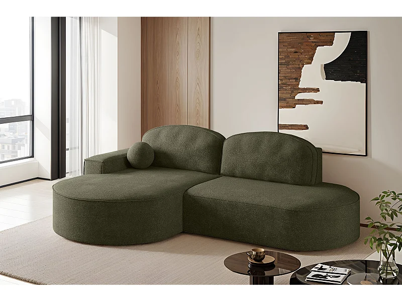 Canapé d'angle avec fonction couchage et coffre de lit Modena Round tissu Arena Green Left