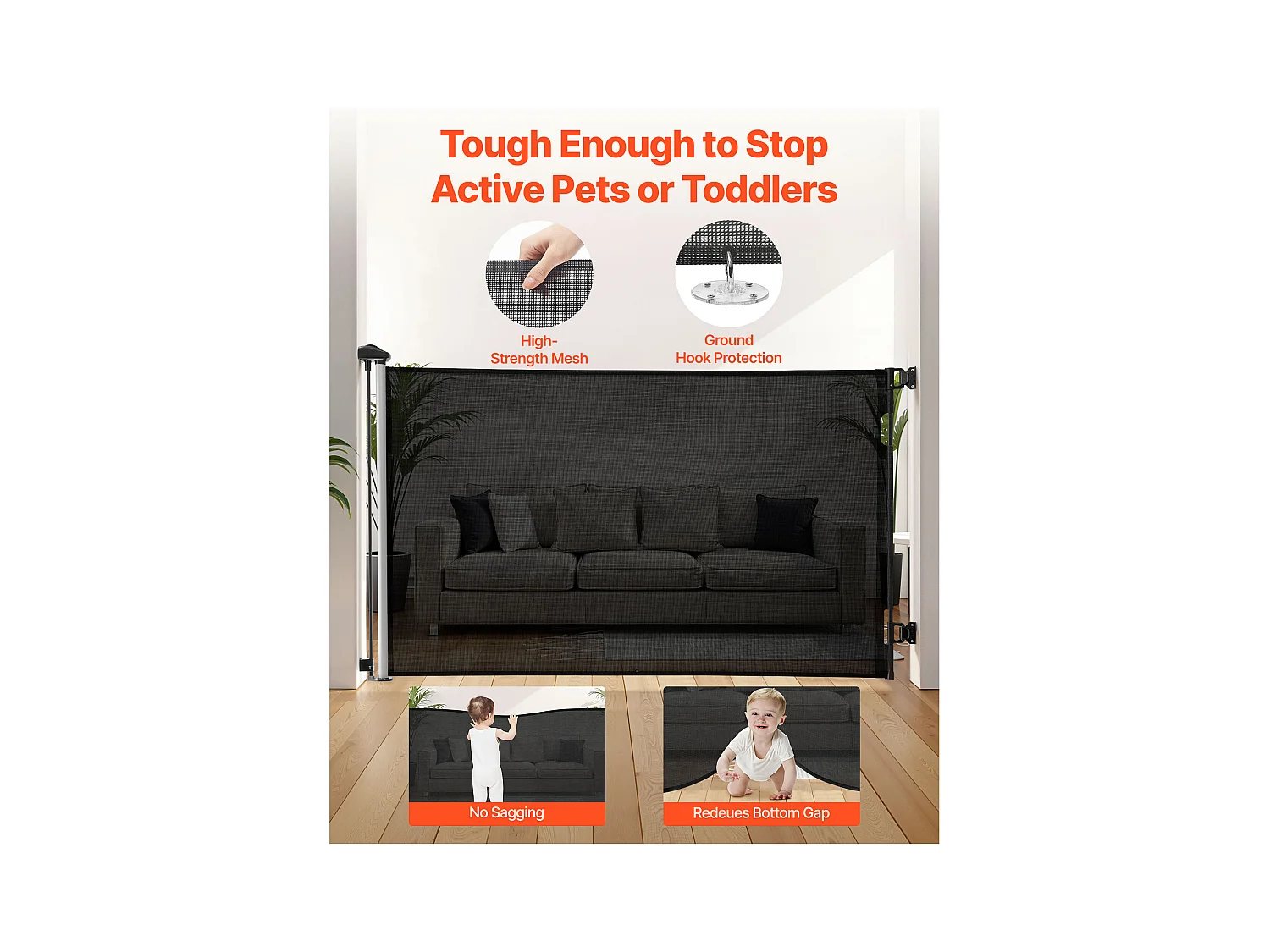 Sicherheitsbarriere SucceBuy Erweiterbar, Zaun aus Mesh 145 cm Breit und 98 cm Hoch, Barriere Retraktil für Haustiere, Ideal für Hunde und Katzen