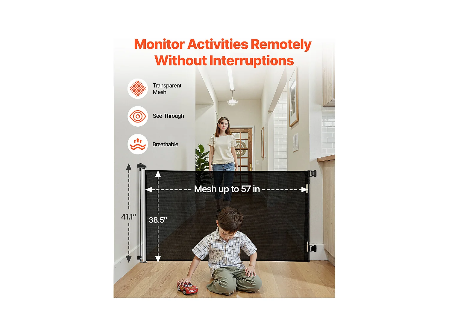 Sicherheitsbarriere SucceBuy Erweiterbar, Zaun aus Mesh 145 cm Breit und 98 cm Hoch, Barriere Retraktil für Haustiere, Ideal für Hunde und Katzen