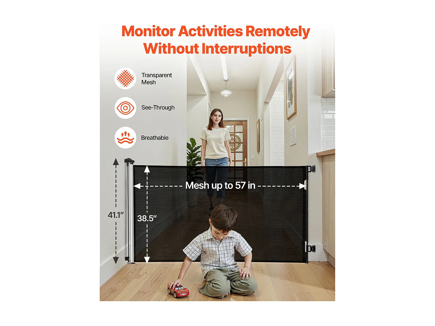 Barrière de Sécurité SucceBuy Extensible, Clôture en Maille 145 cm de Large et 98 cm de Haut, Barrière Rétractable pour Animaux de Compagnie