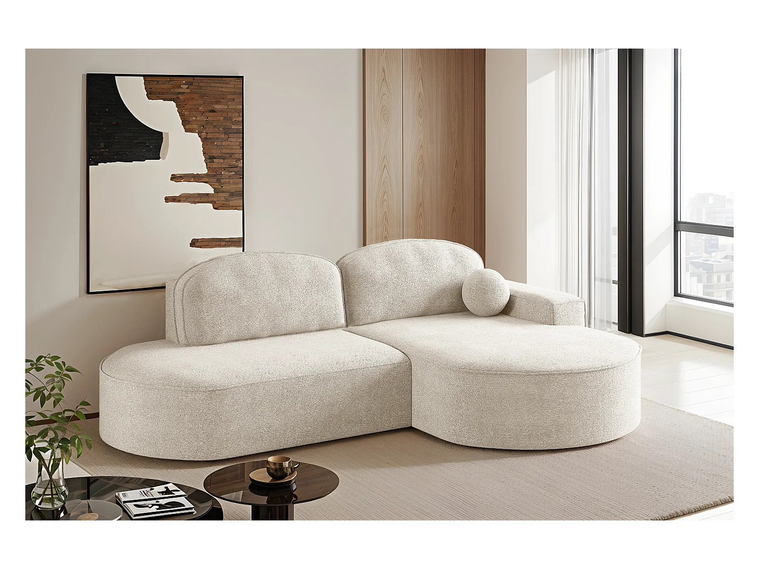 Canapé d'angle avec fonction couchage et coffre de lit Modena Round tissu Arena Ecru Droite